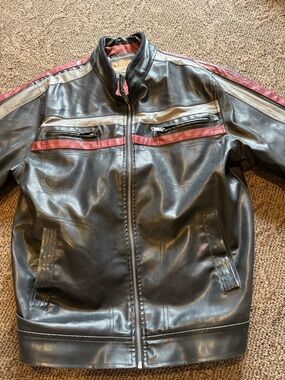 Arizona Jean Company Black Leather Bomber Jacket with Red and Silver Stripes